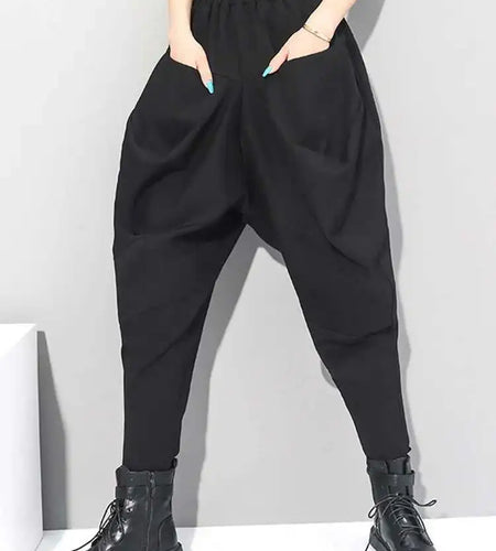 High Elastic Waist Black Wrinkled Long Harem Trousers New Loose Fit Pants Women Fashion Tide Spring Autumn 2025 1DC427