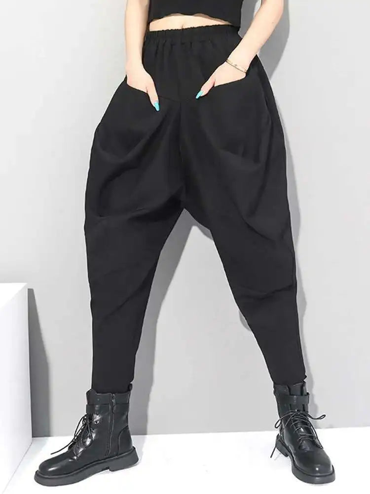 High Elastic Waist Black Wrinkled Long Harem Trousers New Loose Fit Pants Women Fashion Tide Spring Autumn 2025 1DC427