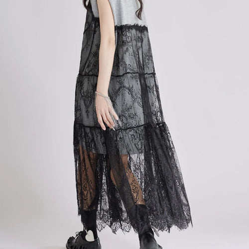 Load image into Gallery viewer, Women Gray Lace Perspective Big Size Midi Dress New Round Neck Short Sleeve Fashion Tide Spring Summer 2025 1DJ1429
