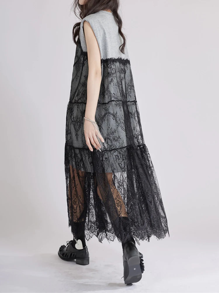 Women Gray Lace Perspective Big Size Midi Dress New Round Neck Short Sleeve Fashion Tide Spring Summer 2025 1DJ1429