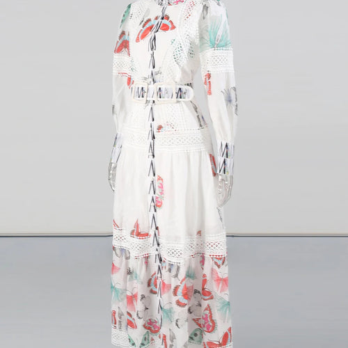 Load image into Gallery viewer, Printing Sheer Spliced Single Breasted Dresses for Women Round Neck Long Sleeves Patchwork Belt Dress Female New
