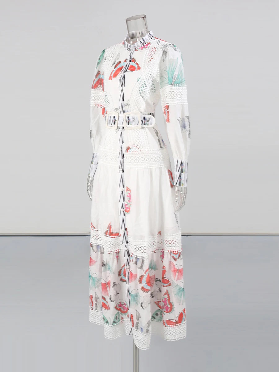 Printing Sheer Spliced Single Breasted Dresses for Women Round Neck Long Sleeves Patchwork Belt Dress Female New