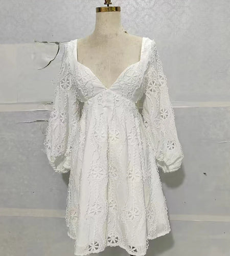 Solid Hollow Out Loose Dresses For Women V Neck Long Sleeve High Waist Temperament Mini Dress Female Fashion New