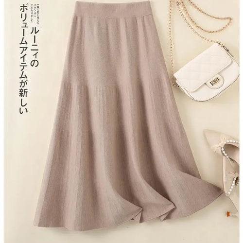 Load image into Gallery viewer, Korean Fashion 2024 Autumn Winter Ladies New Solid Elegant Elastic High Waist Pleated Long Skirt Women Slim Knitted A-line Skirt
