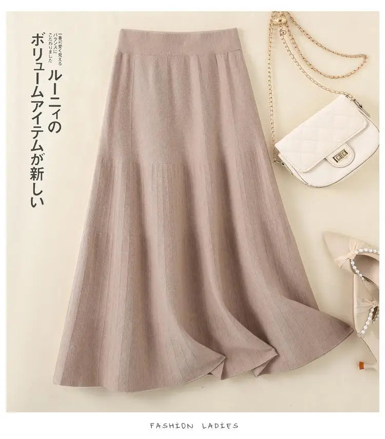 Korean Fashion 2024 Autumn Winter Ladies New Solid Elegant Elastic High Waist Pleated Long Skirt Women Slim Knitted A-line Skirt