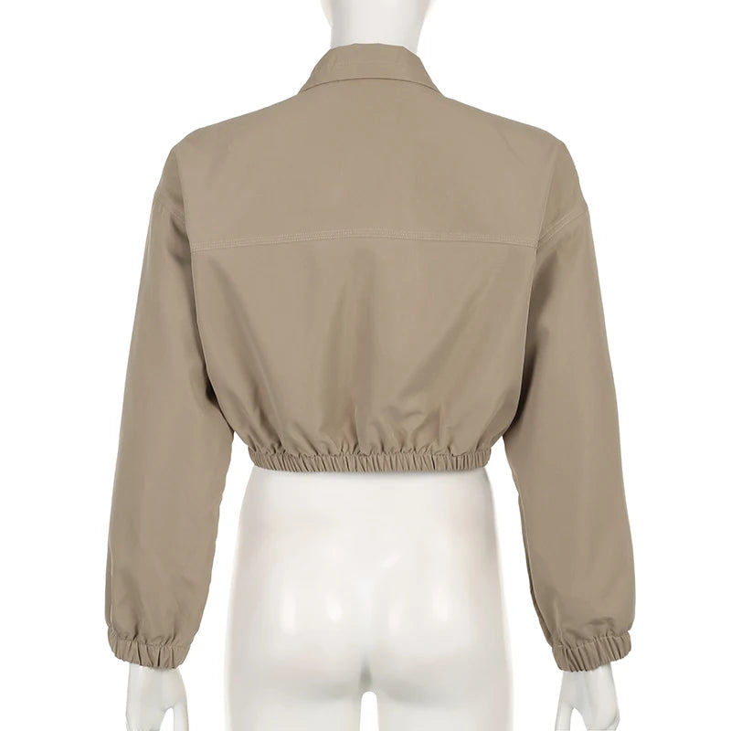 Streetwear Cargo Style Autumn Jacket Female Turtleneck Stitched Big Pockets Buckle Zip Up Coat Cropped Outwear Retro