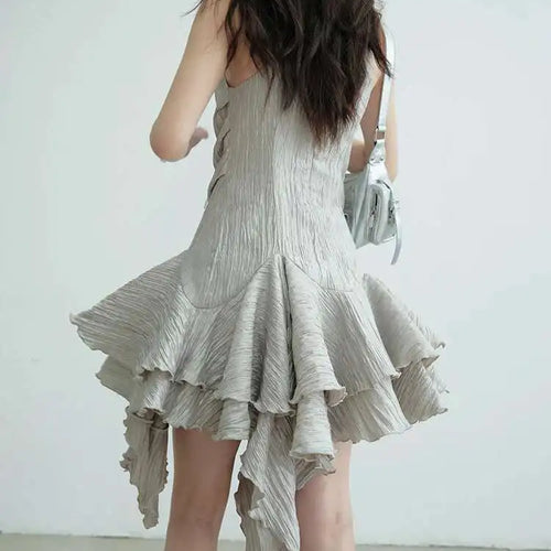 Load image into Gallery viewer, Women Gray Three-dimensional Flower Ruffles Mini Dress New Round Neck Sleeveless Fashion Tide Spring Summer 2025  1DJ0678
