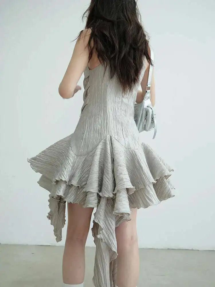 Women Gray Three-dimensional Flower Ruffles Mini Dress New Round Neck Sleeveless Fashion Tide Spring Summer 2025  1DJ0678
