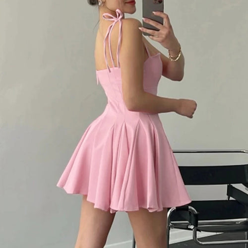 Load image into Gallery viewer, Fashion Strappy Pink Summer Pleated Dress Women Folds Off Shoulder Sweet Mini Dresses Korean Coquette Clothes Party
