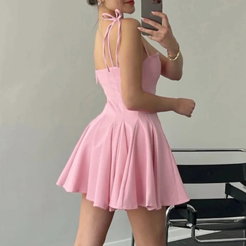 Fashion Strappy Pink Summer Pleated Dress Women Folds Off Shoulder Sweet Mini Dresses Korean Coquette Clothes Party