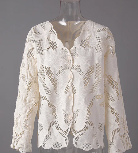 Women Beige Lace Hollow Out Big Size Elegant Blouse New V-neck Long Sleeve Shirt Fashion Tide Spring Autumn 2025 27X2858