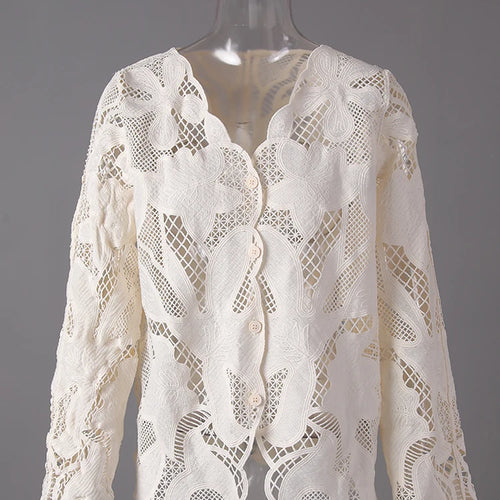 Load image into Gallery viewer, Women Beige Lace Hollow Out Big Size Elegant Blouse New V-neck Long Sleeve Shirt Fashion Tide Spring Autumn 2025 27X2858
