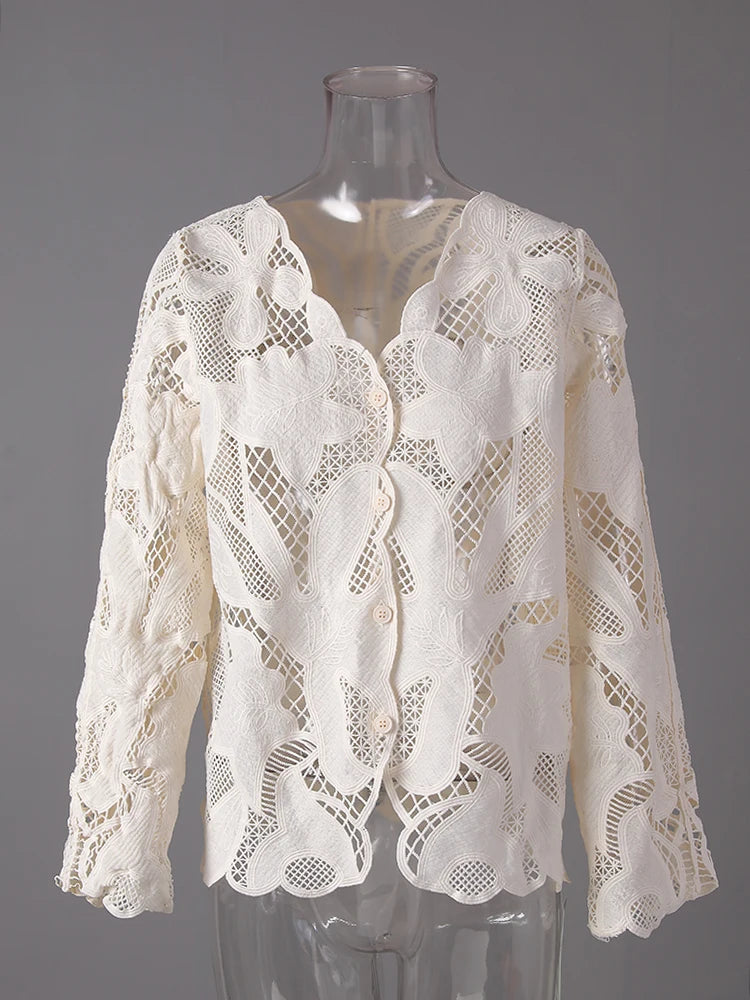 Women Beige Lace Hollow Out Big Size Elegant Blouse New V-neck Long Sleeve Shirt Fashion Tide Spring Autumn 2025 27X2858