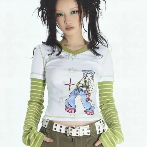 Load image into Gallery viewer, 2025 E-girl Fake Two Piece Striped Patchwork Long Sleeve Tshirts Women Harajuku Cartoon Graphic Tee Y2k Tops Aesthetic T-shirt
