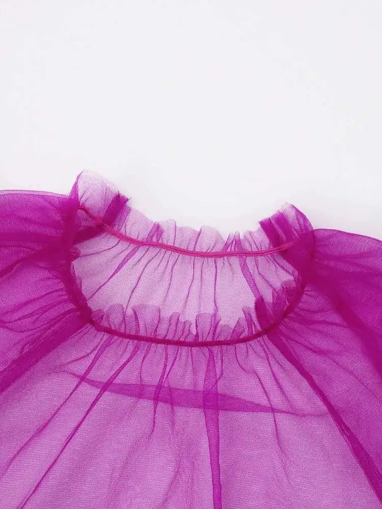 Women Purple Ruffles Mesh Perspective Big Size Long Dress New Round Neck Half Sleeve Fashion Spring Summer 2025 JR7711