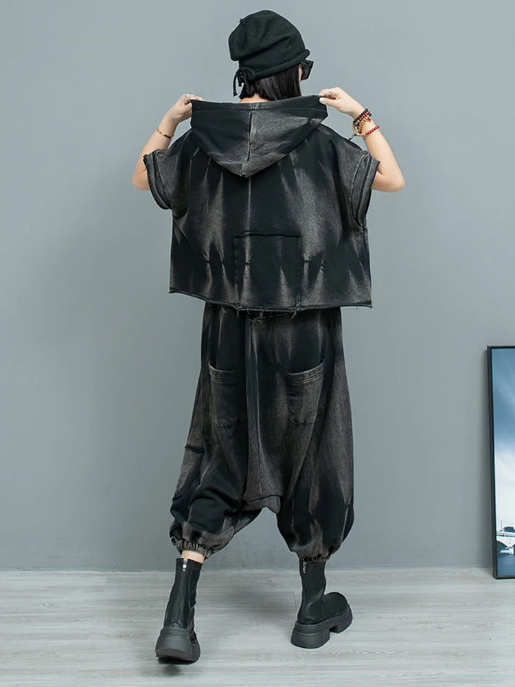 Big Size Sweatshirt Cross Pants Two Piece Suit New Hooded Short Sleeve Women Fashion Tide Spring Autumn 2025  1DH9474