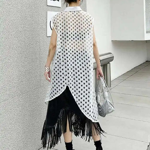Load image into Gallery viewer, Women White Mesh Irreuglar Perspective Big Size Blouse New Lapel Sleeveless Shirt Fashion Tide Spring Summer 2025 1DH5527
