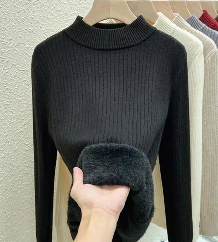 Autumn Winter Korean Fashion Solid Half High Neck Velvet Knitted Sweater Women Warm Long Sleeve Pullovers Top Versatile Clothing