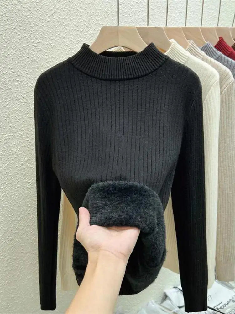 Autumn Winter Korean Fashion Solid Half High Neck Velvet Knitted Sweater Women Warm Long Sleeve Pullovers Top Versatile Clothing