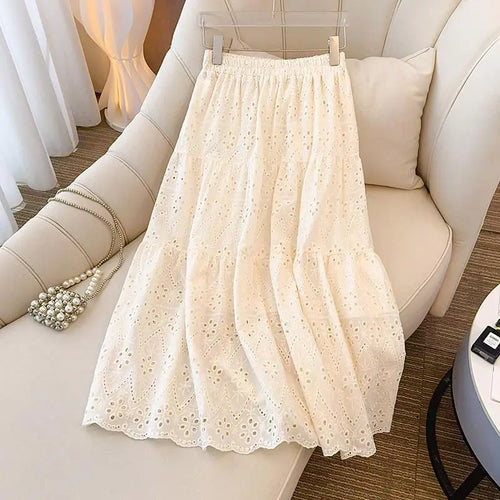 Load image into Gallery viewer, Ladies Black White Temperament Long Skirt Spring Summer Beige Embroidery Hollow Out A-line Skirts For Women Clothing Streetwear
