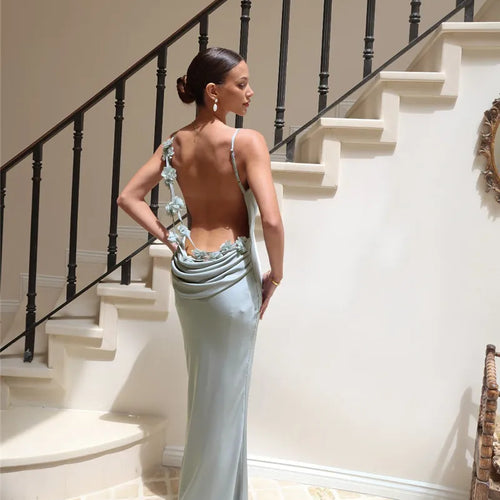 Load image into Gallery viewer, Floral Draped Backless Maxi Long Dress For Women Fashion Spaghetti Strap Sleeveless Bodycon Evening Party Dress Elegant
