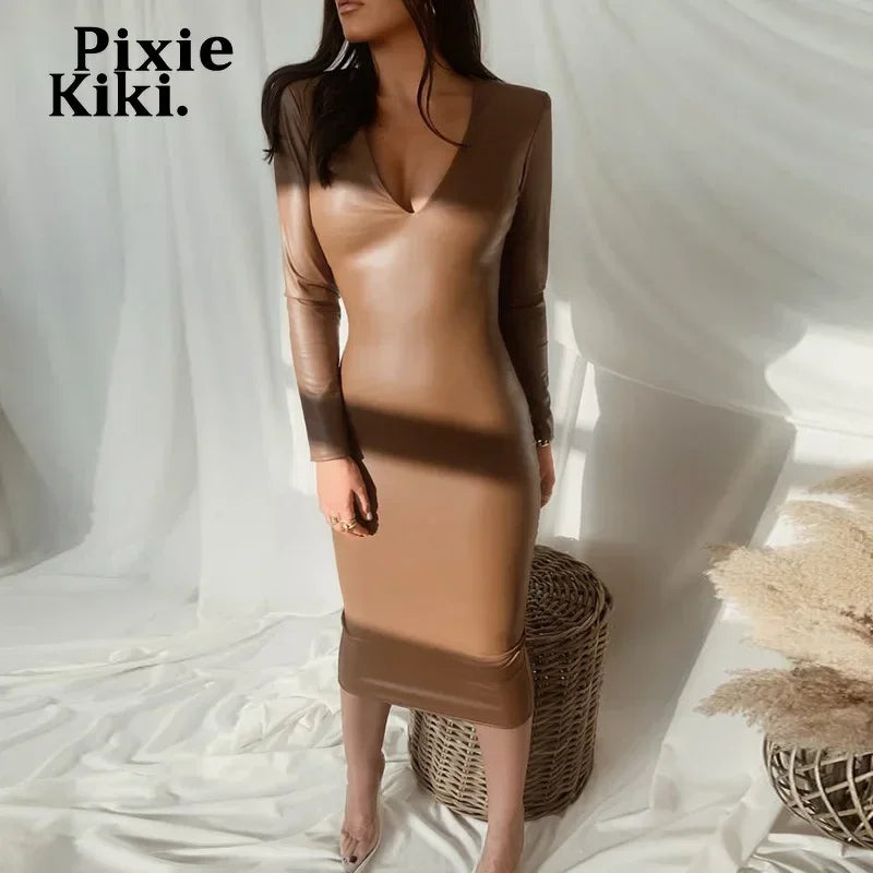 Black Brown Faux Leather Deep V Long Sleeve Bodyocn Dresses for Women Party Club Wear Elegant Sexy Midi Dress P70-CE26