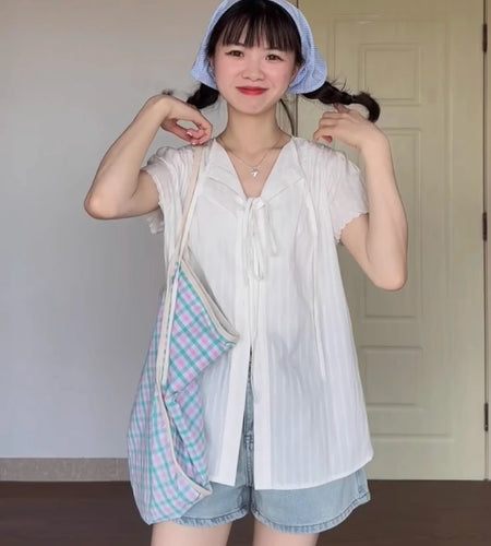 Y2k Aesthetic Women Turn Down Collar Bandage Blouse Solid Casual Single Breasted Grunge Shirt Harajuku Loose Streetwear Blusas