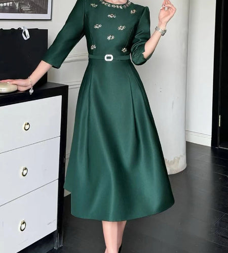 Solid Spliced Beading Elegant Dresses for Women Round Neck Three Quarter High Waist Dress Female Fashion Clothing