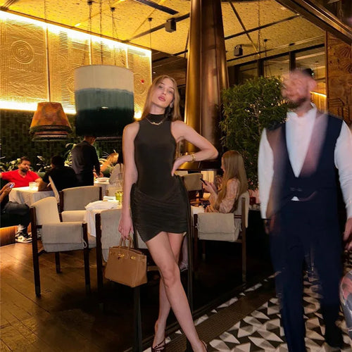 Load image into Gallery viewer, Turtleneck Sleeveless Sexy Mini Dress For Women Fashion Irregular Ruched Tank Dress Femme Elegant Club Party Dress
