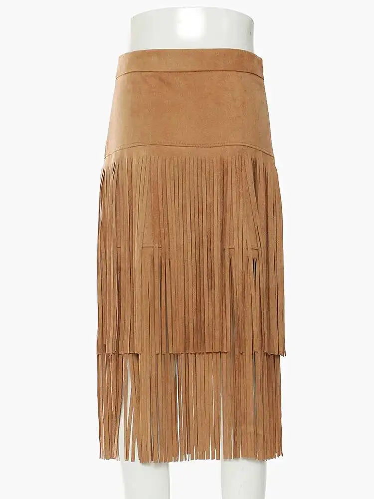 High Waist Khaki Tassels Irregular Long Elehgant Half-body Skirt Women Fashion Tide New Spring Autumn 2025 1DE8926