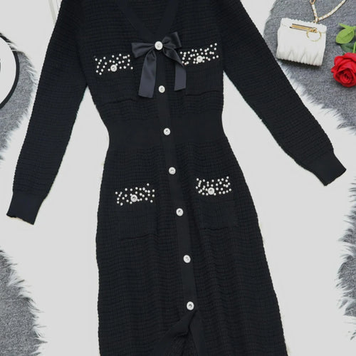 Load image into Gallery viewer, Korean Women Black White Elegant Diamond Bow Knit Dress Autumn Green Slim V Neck Office Long Sleeved High Waist Split Dress Chic
