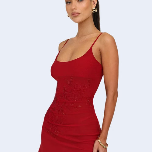 Load image into Gallery viewer, Flower Rhinestone Mesh See Through Sexy Dresses Women Red Sleeveless Backless Mini Dress Night Club Outfits C92-CA15
