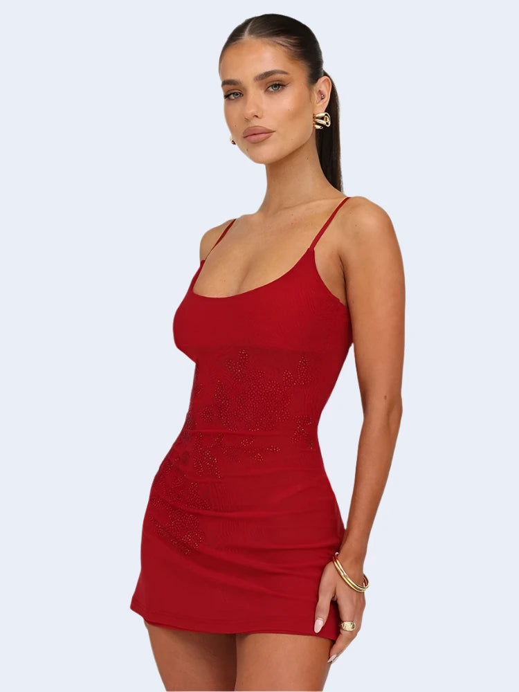 Flower Rhinestone Mesh See Through Sexy Dresses Women Red Sleeveless Backless Mini Dress Night Club Outfits C92-CA15