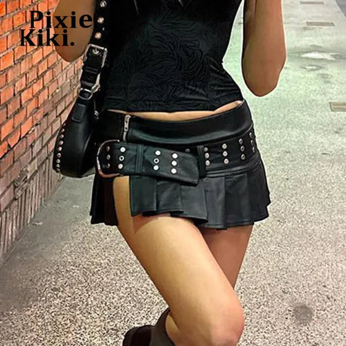 Load image into Gallery viewer, Cyberpunk Buckle Studded Belted PU Leather Skirt Black Low Rise Slit Pleated Mini Skirt Y2k Trendy Clothes P67-EG23
