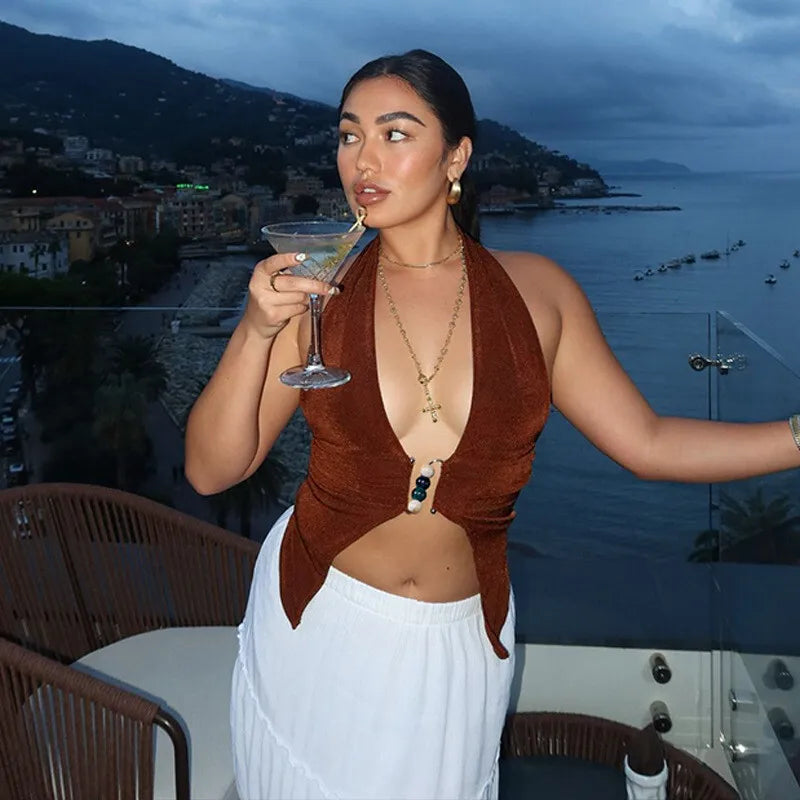 Halter V Neck Sexy Crop Tops Women Fashion Sleeveless Backless Ruched Tank Tops Female Solid Fashion Club Tops Elegant