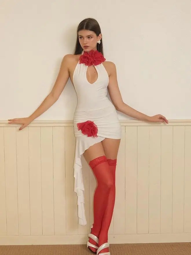 Sexy Sleeveless Flower Decorative Backless Dress For Women Slim Ruffles Flowing Straps Vestidos Party Club Evening Dress