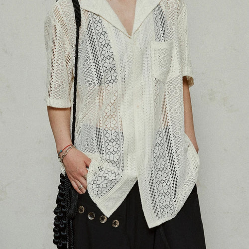 Load image into Gallery viewer, Women Beige Hollow Out Pocket Big Size Elegant Blouse New Lapel Short Sleeve Shirt Fashion Tide Spring Summer 2025 1DJ1184
