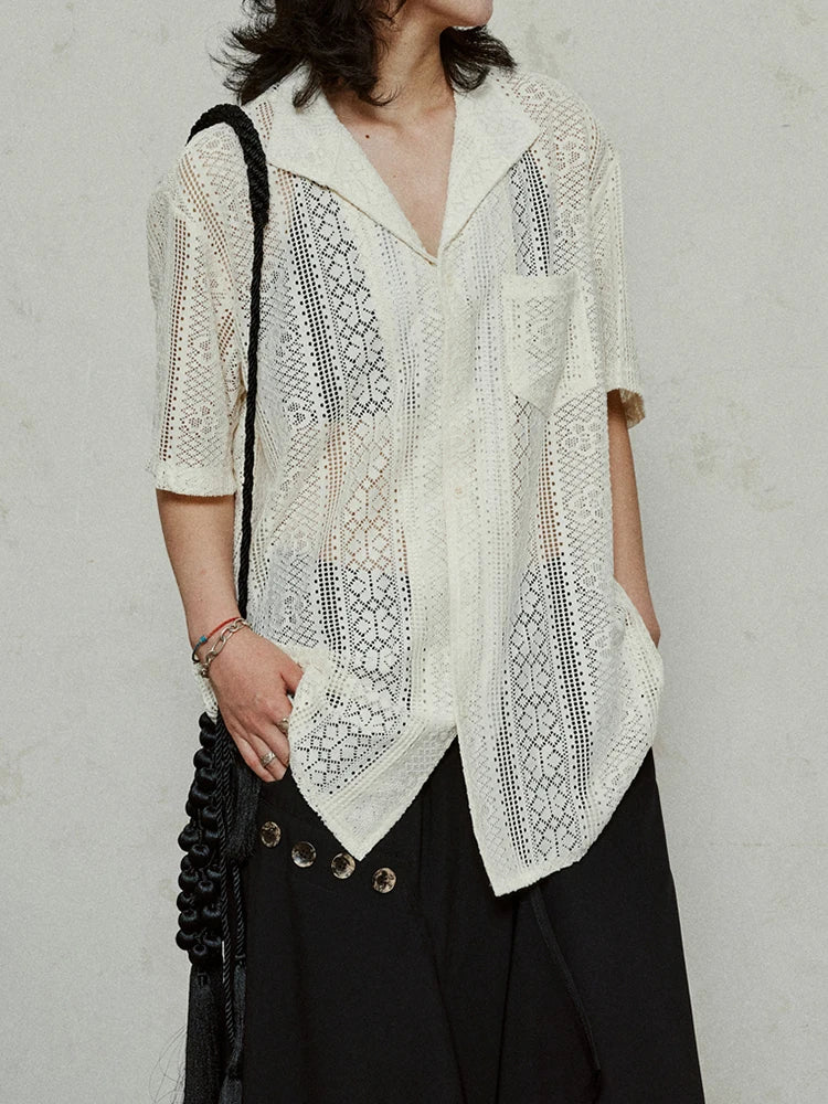 Women Beige Hollow Out Pocket Big Size Elegant Blouse New Lapel Short Sleeve Shirt Fashion Tide Spring Summer 2025 1DJ1184