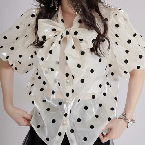 Load image into Gallery viewer, Women Apricot Dot Printed Perspective Blouse New Bow Collar Short Sleeve Shirt Fashion Tide Spring Summer 2025 1DJ1516
