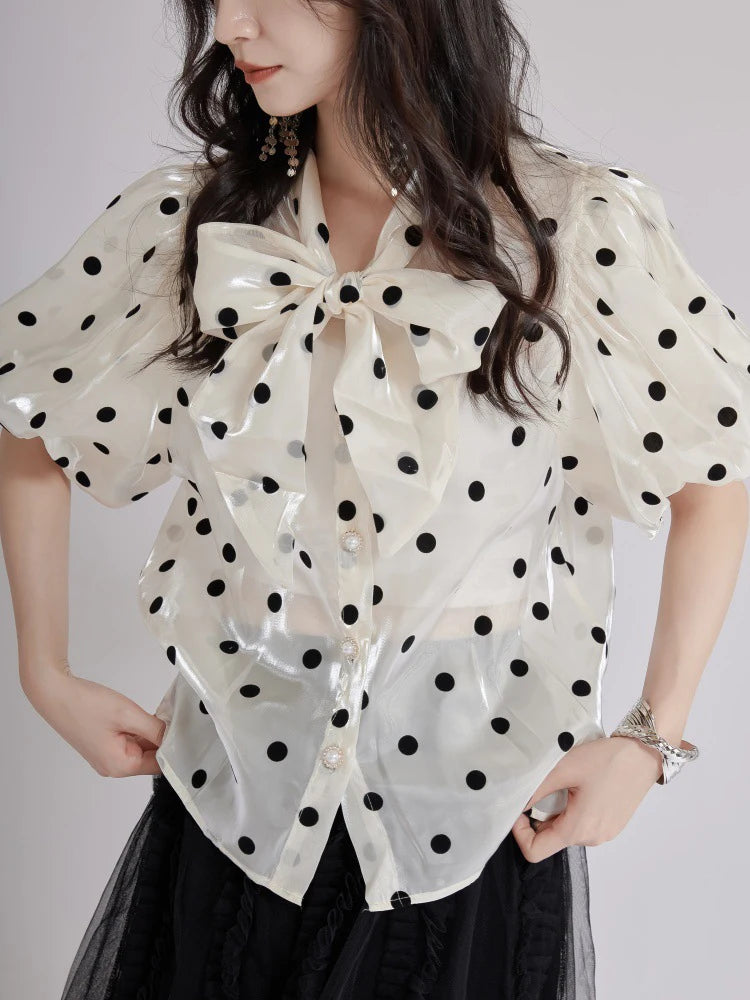 Women Apricot Dot Printed Perspective Blouse New Bow Collar Short Sleeve Shirt Fashion Tide Spring Summer 2025 1DJ1516