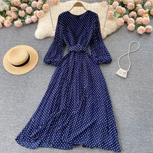 Load image into Gallery viewer, Vintage Pleated Dress for Women Polka Pot Puff Long Sleeve O Neck Elegant A Line Dresses 2023 High Waisted Casual Dress
