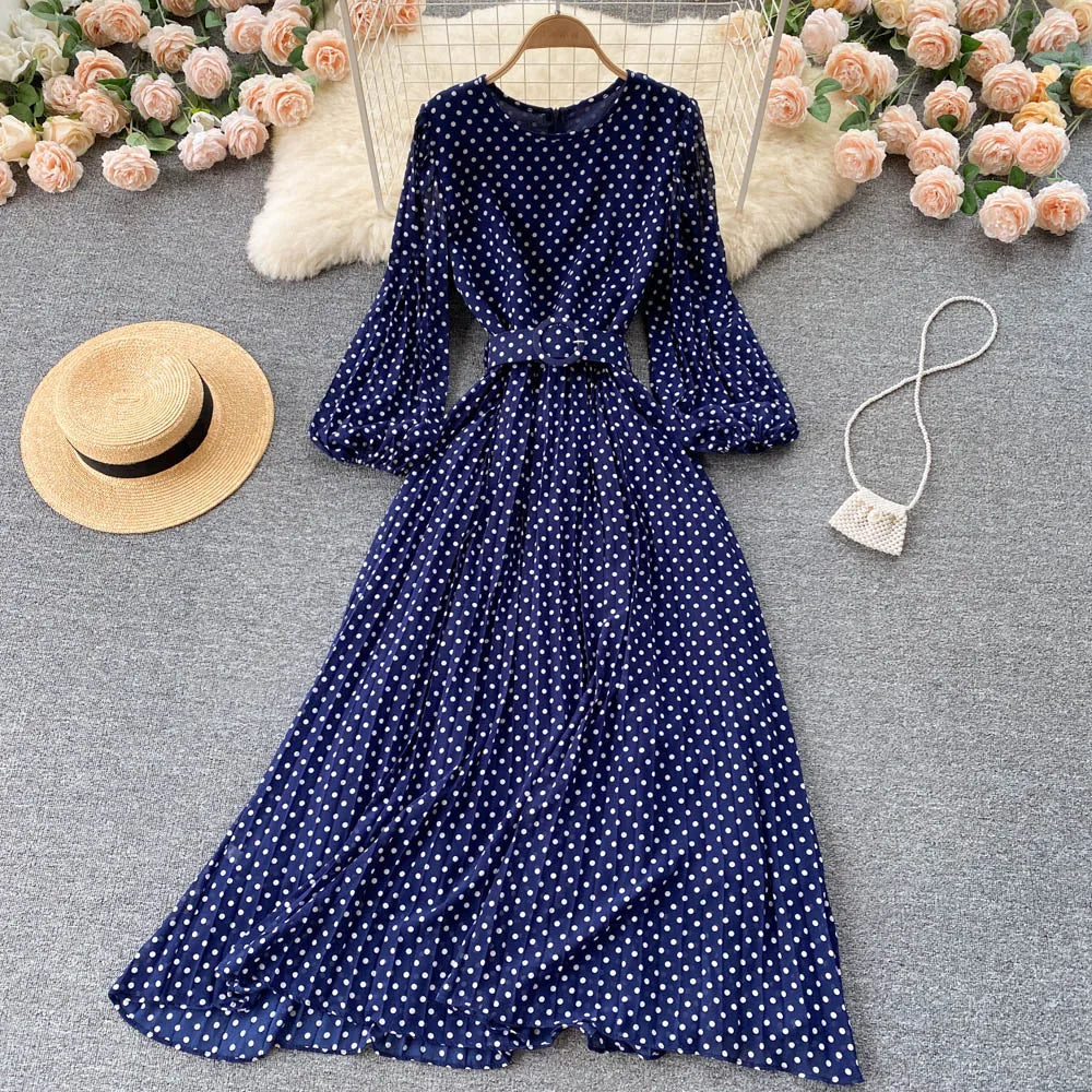 Vintage Pleated Dress for Women Polka Pot Puff Long Sleeve O Neck Elegant A Line Dresses 2023 High Waisted Casual Dress
