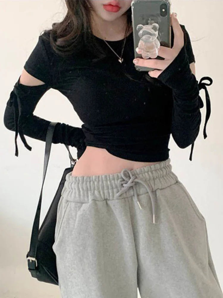 Women Bandage Harajuku Solid T Shirts Female Long Sleeve Tees  2025 Autumn T-shirt Streetwear Y2k All Match Hollow Out Tops