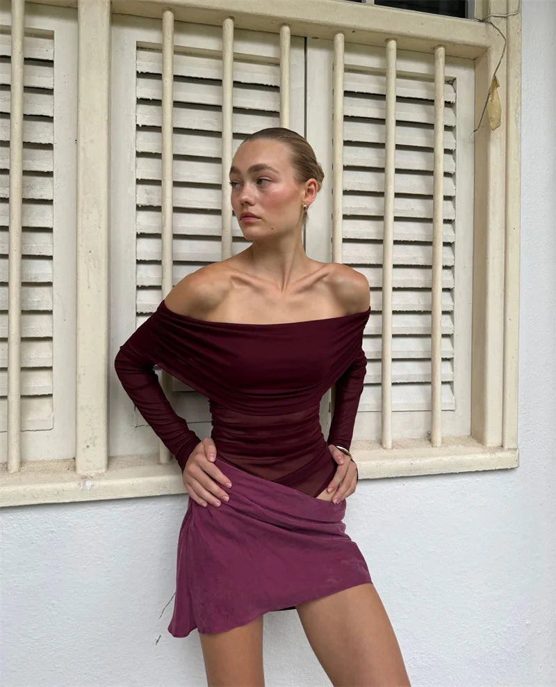 Hollow Out Off-shoulder Sexy Mini Dress Women Fashion Patchwork Strapless Long Sleeve Backless Ruched Club Dress