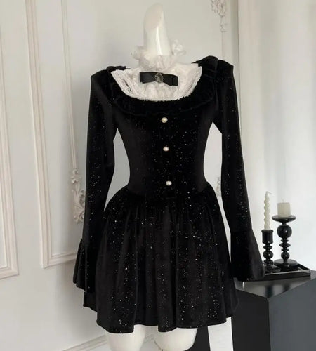 Women New Black Lace Long Sleeve Ruffles Pleated Princess Dress Autumn Winter Red High Waist Elegant Birthday Party Short Dress