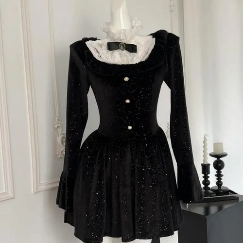 Load image into Gallery viewer, Women New Black Lace Long Sleeve Ruffles Pleated Princess Dress Autumn Winter Red High Waist Elegant Birthday Party Short Dress
