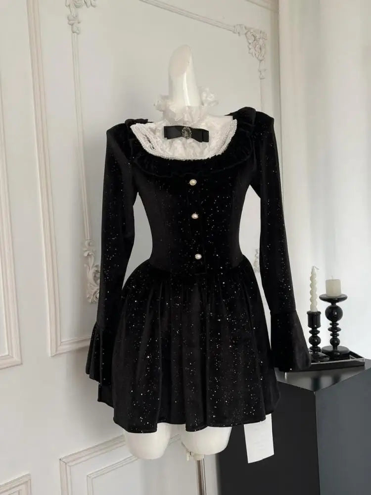 Women New Black Lace Long Sleeve Ruffles Pleated Princess Dress Autumn Winter Red High Waist Elegant Birthday Party Short Dress