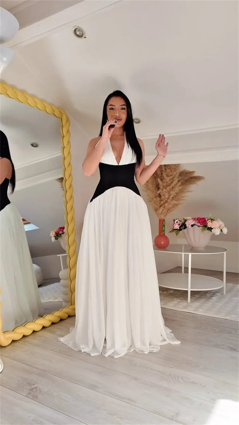 Halter Deep V Neck Backless Sexy Maxi Dress Women Gown Fashion Patchwork Sleeveless High Waist Club Party Long Dress