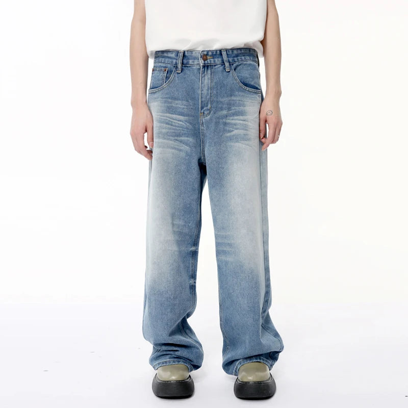 Fashion Men's Denim Pants Casual Worn-out Washing Wide Leg Jeans Vintage Loose Straight Male Trousers Summer 9C6395