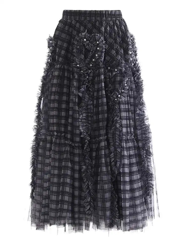 High Elastic Waist Brown Plaid Ruffles Tassels A-line Half-body Skirt Women Fashion Tide New Spring Autumn 2025 1DH9355